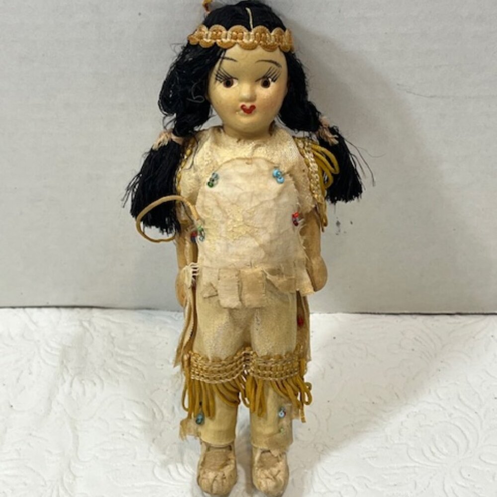 VTG 1940's Native American Indian Bisque Doll Collectible Movable Arms 6.5"